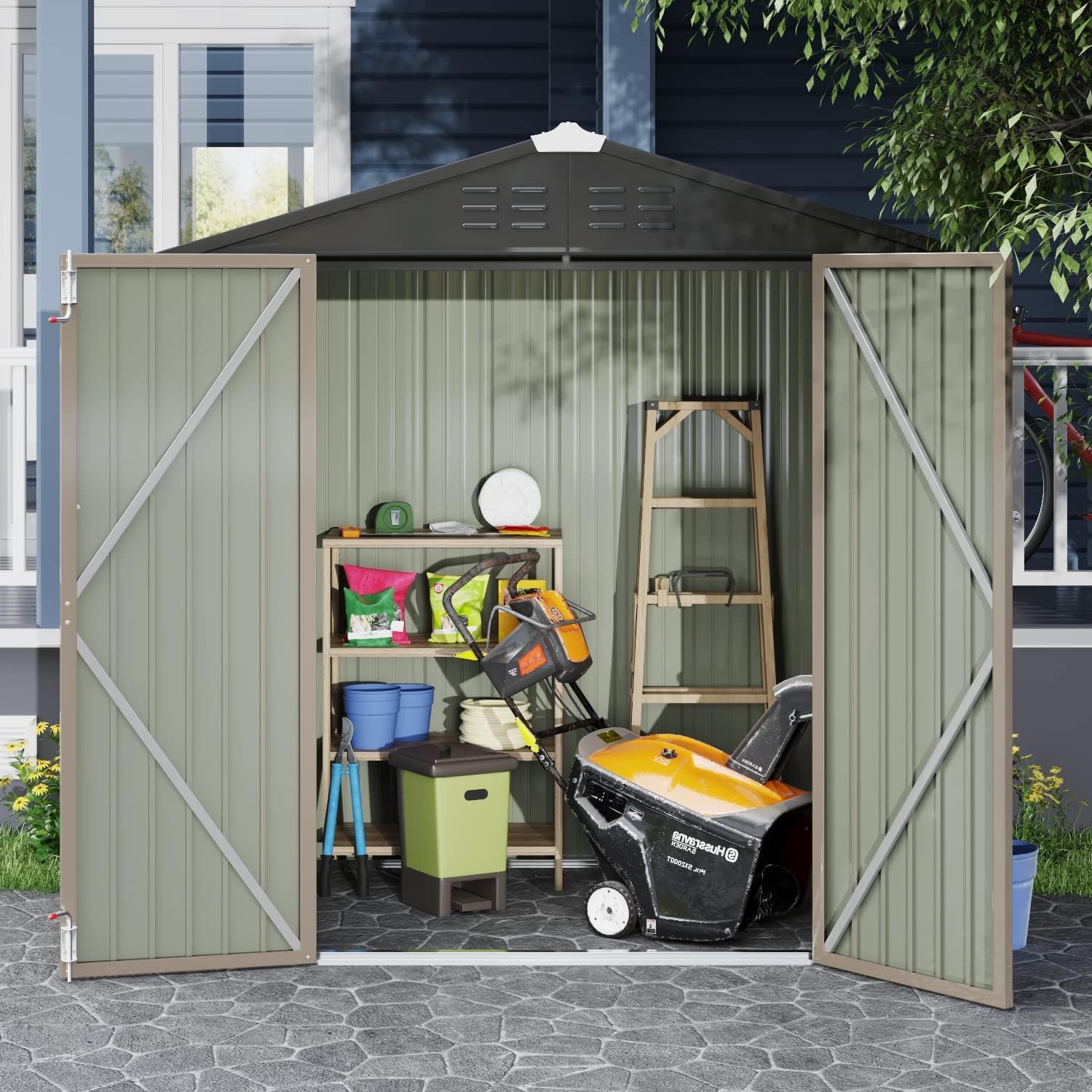 Devoko Outdoor Storage Shed 6 x 4 FT Lockable Metal Garden Shed Steel Anti-Corrosion Storage House with Double Lockable Door for Backyard Outdoor Patio (Brown)