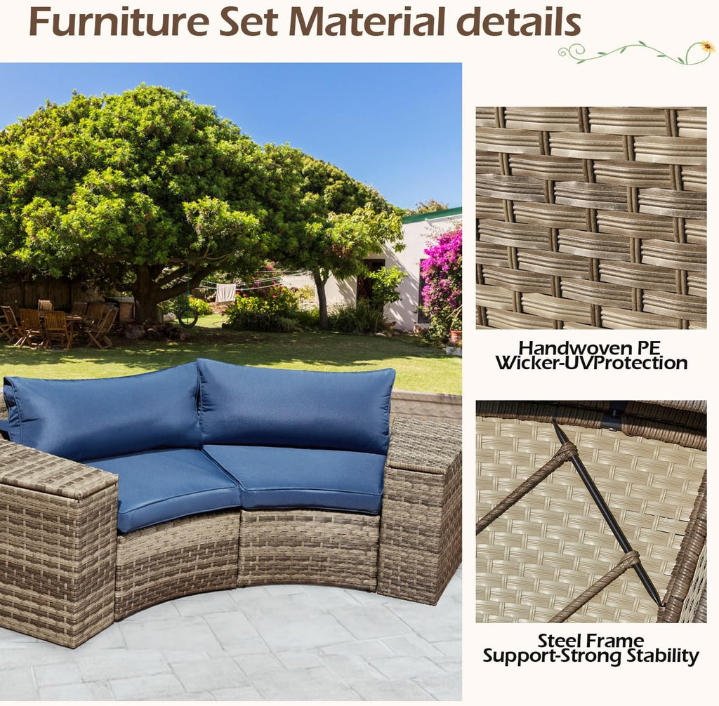 ECOTOUGE Patio Furniture Set, 4 Piece Half-Moon Sectional Round Patio Furniture Set, Wicker Cushion Sofa with 2 Storage Side Table for Pool Backyard Patio Garden(Blue)