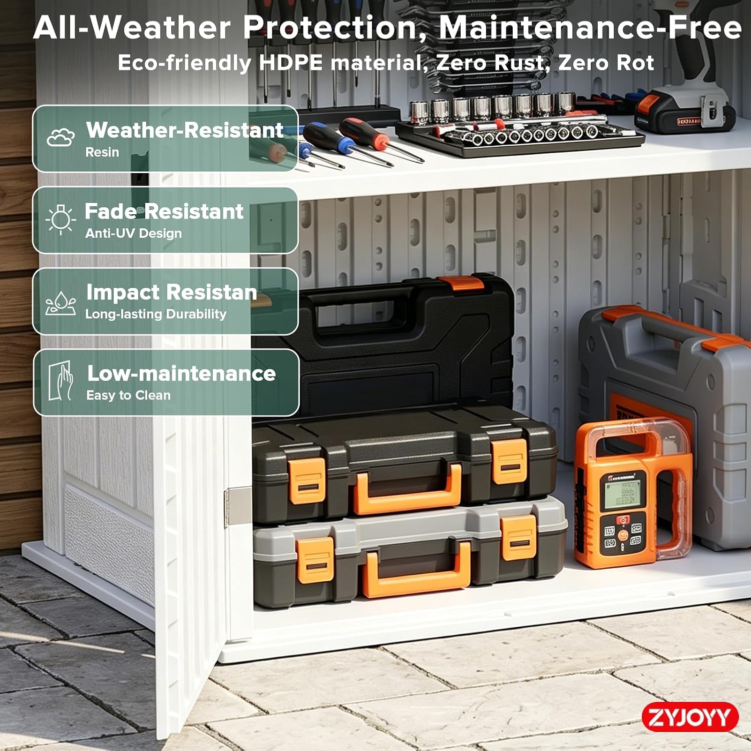 Outdoor Storage Cabinet with 2 Shelves, Waterproof Resin Vertical Tool Shed, Lockable 15 cu. ft. Storage Shed for Patio, Garden, Yard, Dark White