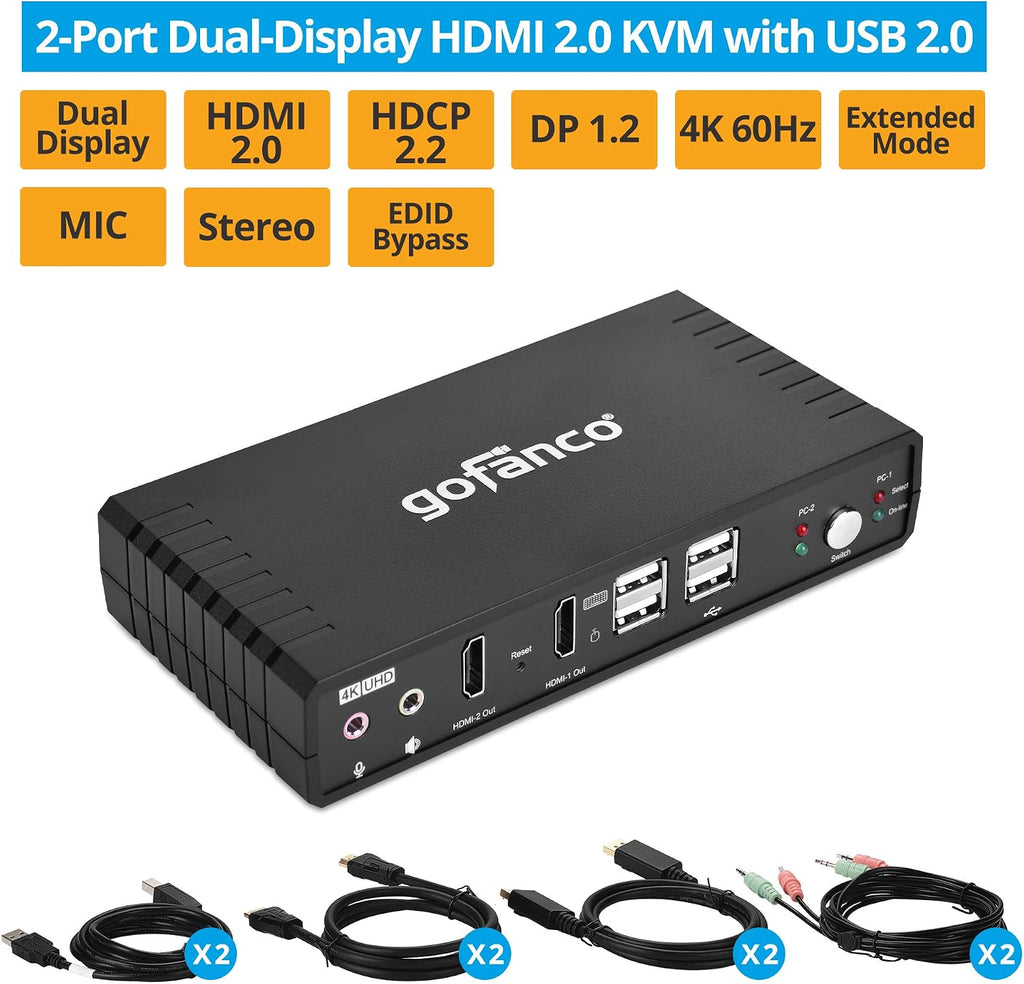 gofanco Dual Monitor HDMI 2.0 KVM Switch (2 Port) – 2x HDMI Extended Display, 4K 60Hz 4:4:4, HDCP 2.2, [HDMI or DisplayPort Input] Keyboard & Mouse Switcher with USB 2.0 Hub and Audio, Cables Included