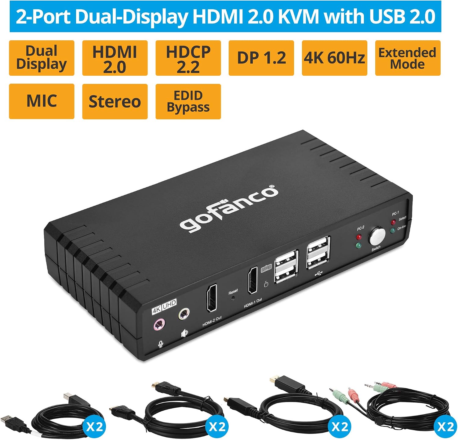 gofanco Dual Monitor HDMI 2.0 KVM Switch (2 Port) – 2x HDMI Extended Display, 4K 60Hz 4:4:4, HDCP 2.2, [HDMI or DisplayPort Input] Keyboard & Mouse Switcher with USB 2.0 Hub and Audio, Cables Included