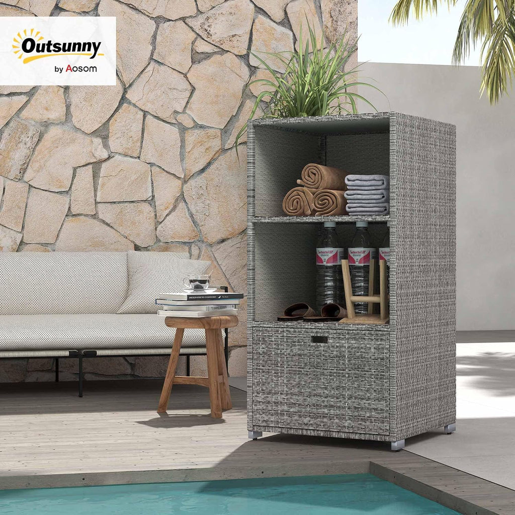 Outsunny Valet Pool Towel Rack, Waterproof PE Plastic Rattan Wicker Storage Organizer, Indoor Outdoor Spa, and Hot Tub Accessory Storage, 2 Shelves, 1 Basket Drawer, Mixed Gray