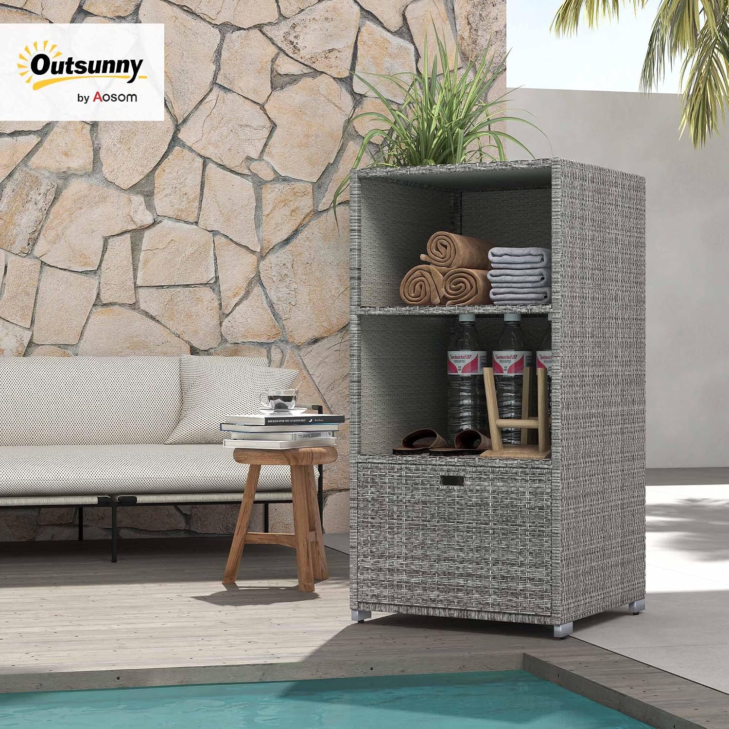 Outsunny Valet Pool Towel Rack, Waterproof PE Plastic Rattan Wicker Storage Organizer, Indoor Outdoor Spa, and Hot Tub Accessory Storage, 2 Shelves, 1 Basket Drawer, Mixed Gray
