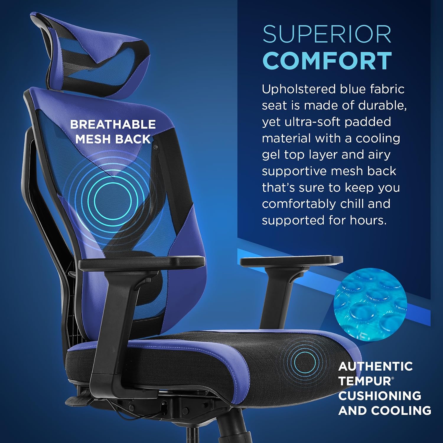 Tempur-Pedic Blaze Auto-Adaptive Ergonomic Gaming Chair with Lumbar Support and 3D Armrest Adjustment, Cooling Racing Style Gaming Chair, Blue