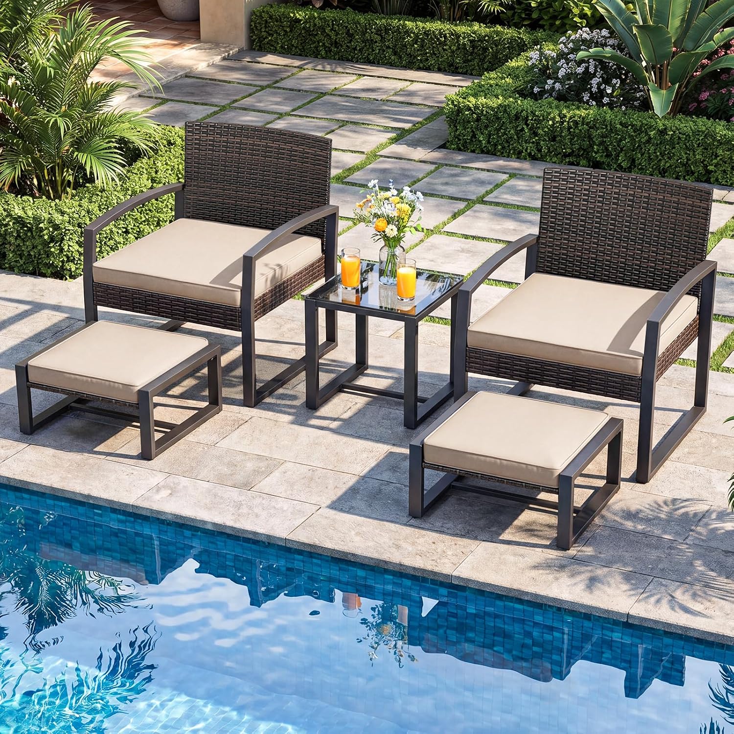 Tangkula 5 Pieces Wicker Patio Conversation Set, Outdoor PE Rattan Chair with Ottoman Set with Glass Side Table, 2-Person Small Balcony Furniture Seating Set with Cushions for Porch, Backyard, Deck