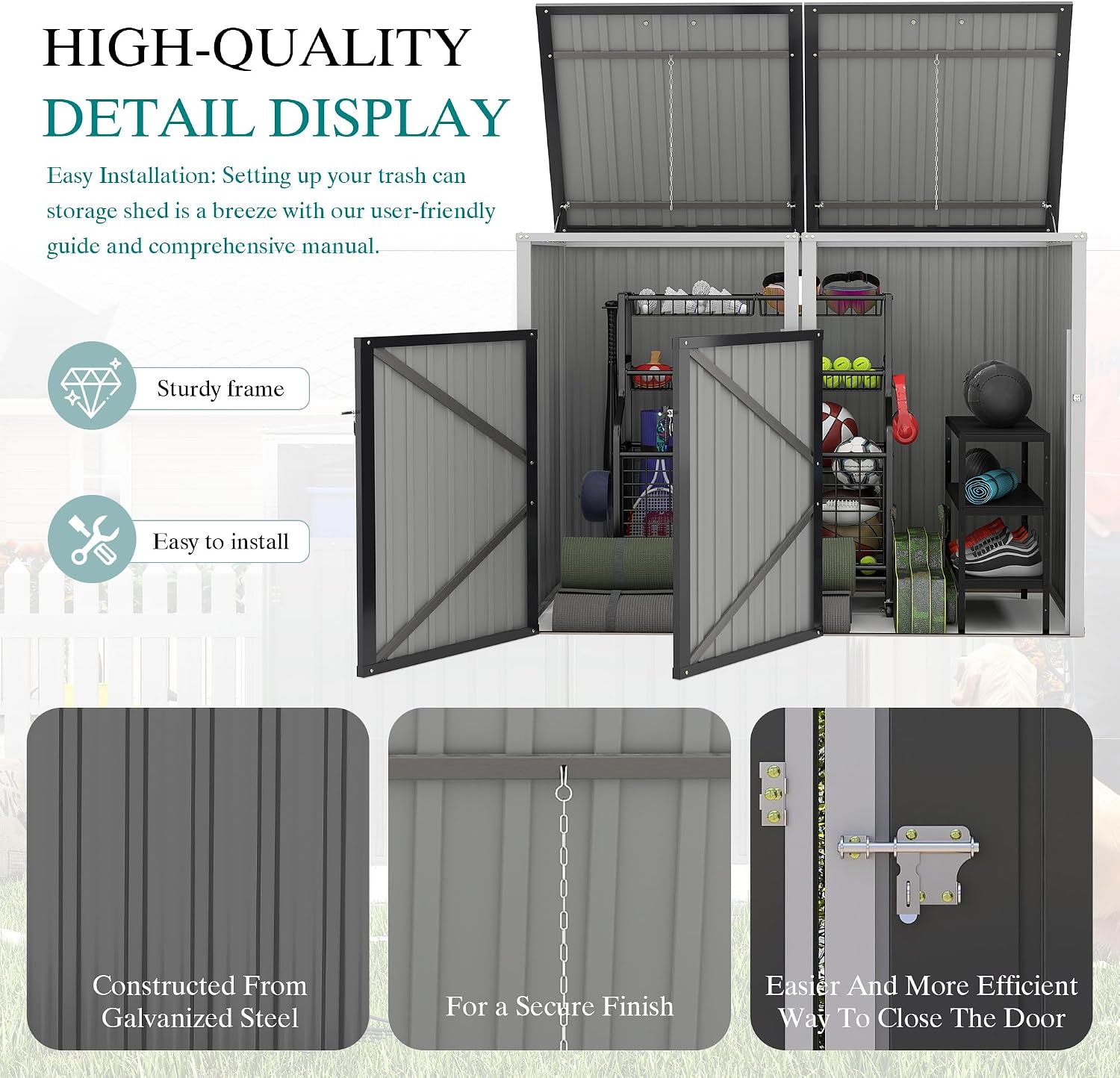 Outdoor Trash Can Storage, Garbage Bin Shed Stores 2 Trash Cans with Pneumatic Support Rod, 54 Cubic feet of Space, Metal Outdoor Storage Shed for Garbage Cans, Garden, Backyard, and Patio, Grey