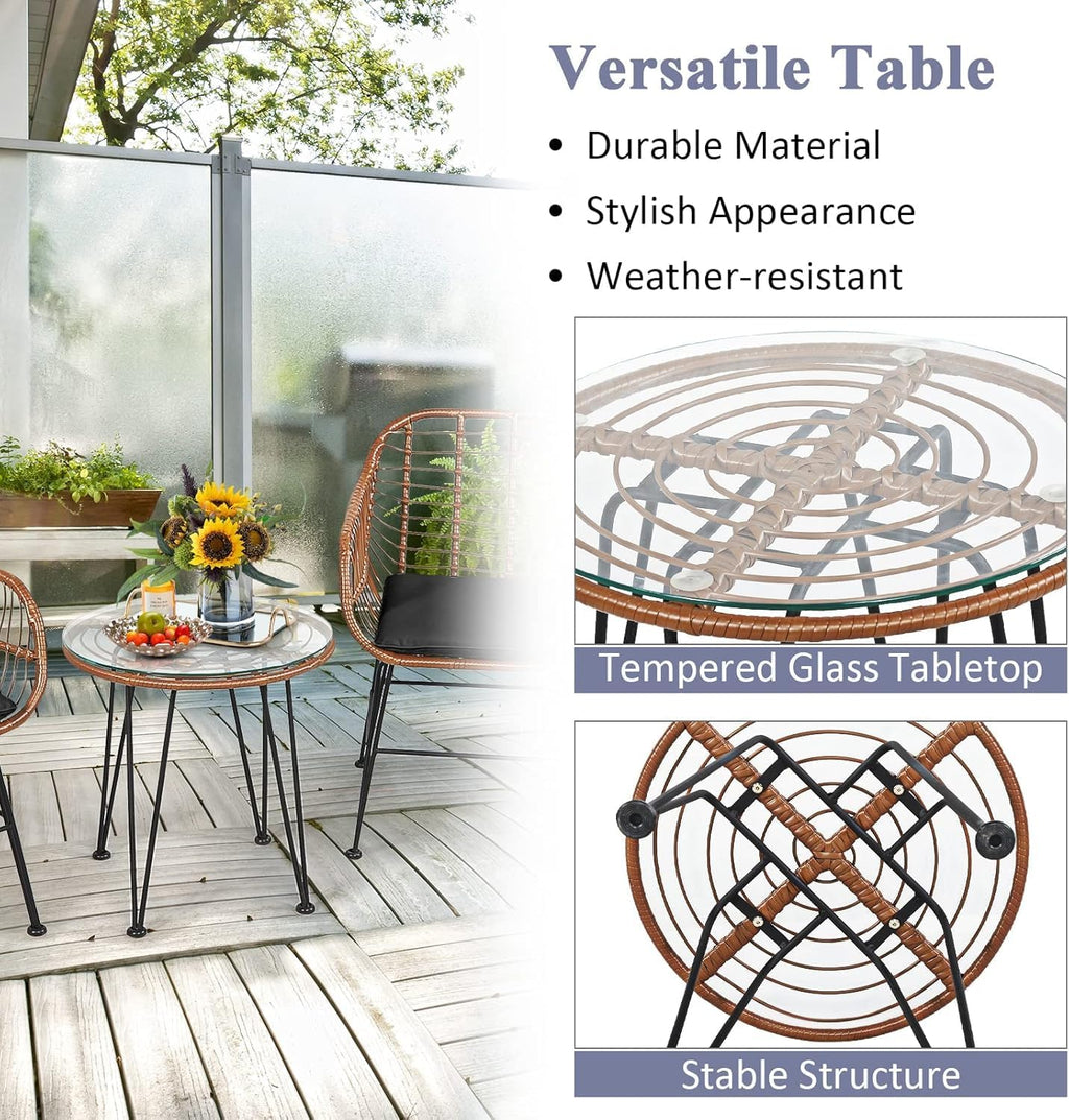 COSTWAY 3 Pieces Patio Bistro Set, Outdoor Rattan Conversation Seating Chair Set with Coffee Table & Soft Cushions, Indoor Wicker Furniture Set for Garden, Balcony, Porch, Pool, Black