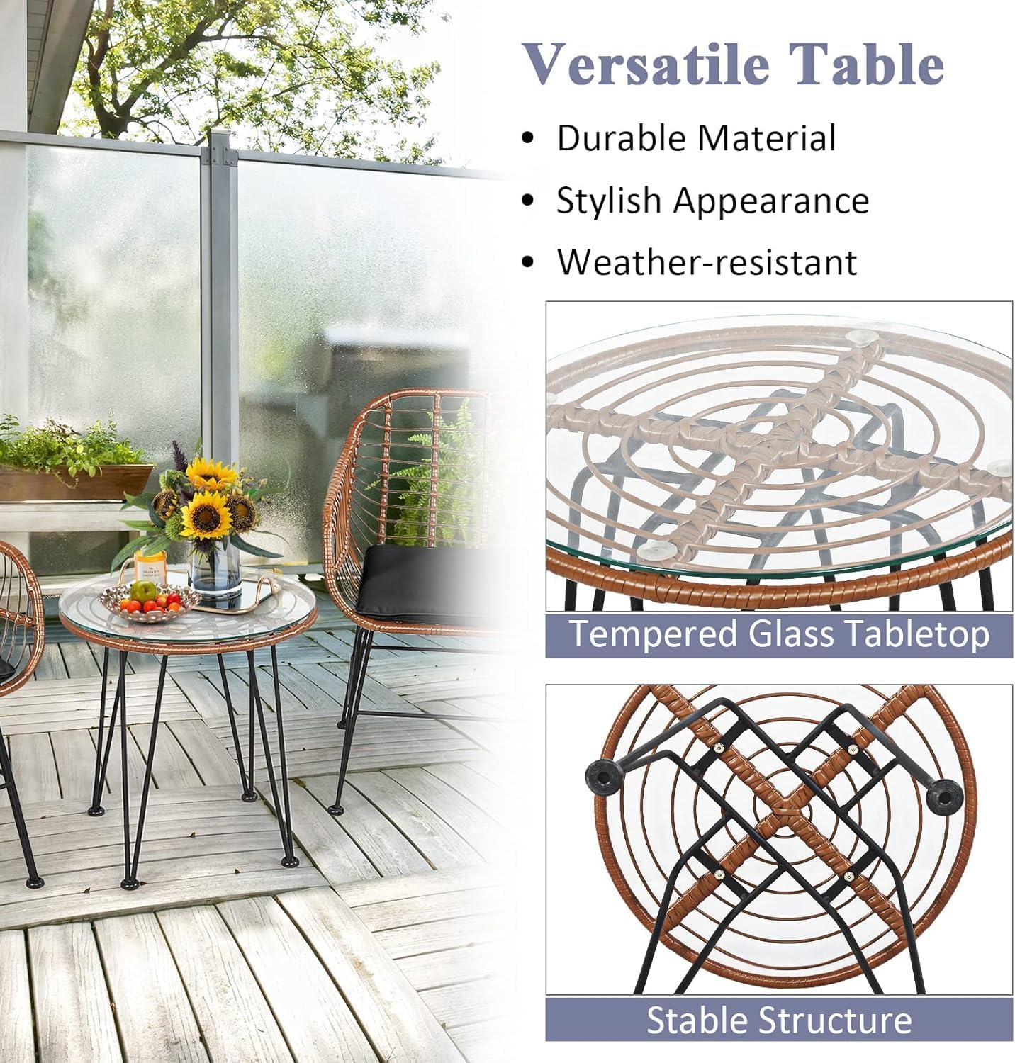 COSTWAY 3 Pieces Patio Bistro Set, Outdoor Rattan Conversation Seating Chair Set with Coffee Table & Soft Cushions, Indoor Wicker Furniture Set for Garden, Balcony, Porch, Pool, Black