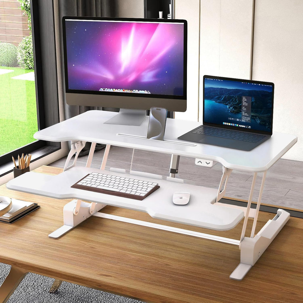 Mount-It! Electric Standing Desk Converter White 38 Inch Wide Tabletop, Stand up Desk Riser, Height Adjustable Sit Stand Desk, Fits Dual Monitors, Keyboard Tray, Device Slot, Monitor & Laptop