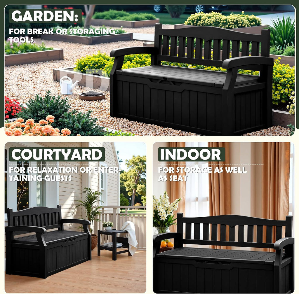 Flamaker 80 Gallon Storage Bench Outdoor Indoor, Durable All-Weather Seating with Hidden Storage, Lockable Deck Box for Garden, Patio, Poolside (Black)