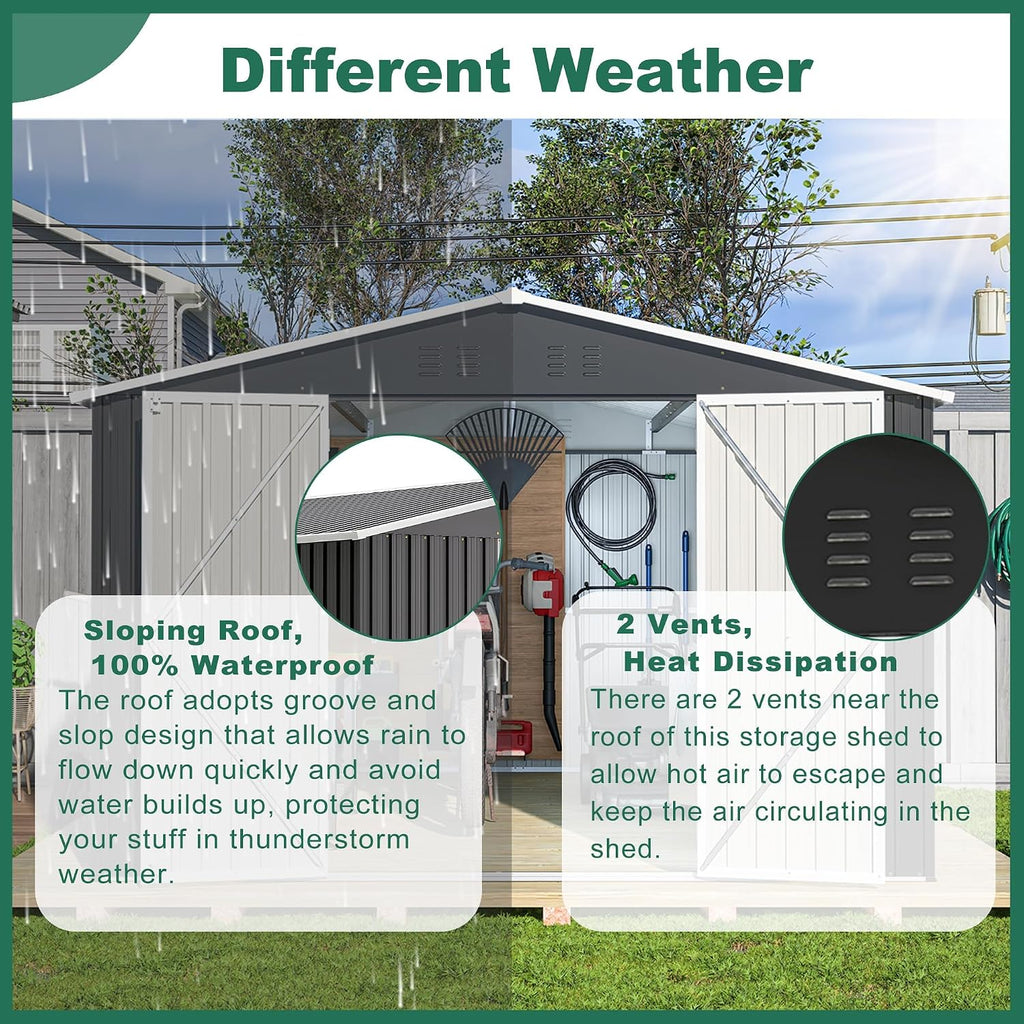 Ball & Cast 10×12 FT Outdoor Storage Shed,Metal Waterproof Tool Sheds with Lock and Key,Heavy-Duty Sheds Unit W/Doors and Vents,Galvanized Steel Garden House for Storing Bicycles,Barbeques,Black