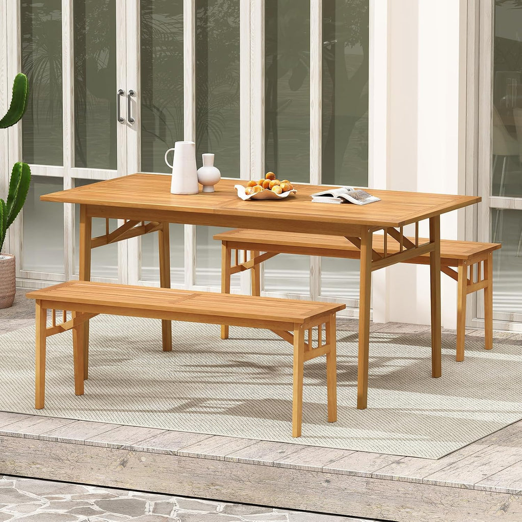 Tangkula Outdoor Acacia Wood Bench Set of 2, 48' Patio Dining Bench with Slatted Seat, Backless Wooden Entryway Bench, Farmhouse Indoor Outdoor Furniture for Garden, Poolside, Park & Deck