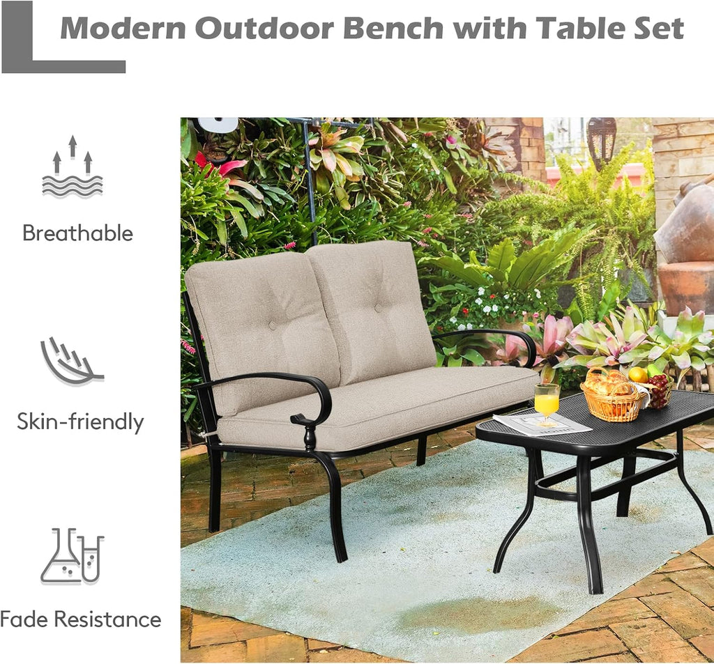 Giantex Patio Loveseat with Coffee Table Outdoor Bench with Cushion and Metal Frame, Loveseat Porch Furniture Set Sofa for Garden, Yard, Patio or Poolside (Light Beige & Black)