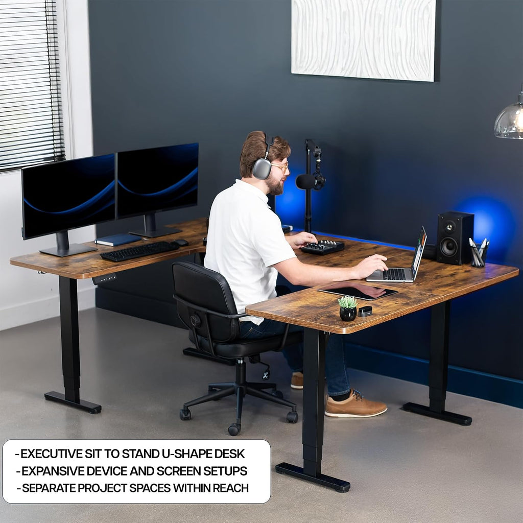 VIVO Large U-Shaped 83 x 60 in Electric Standing Desk, Memory Height Adjustment, Rustic Vintage Brown Top Black Frame, DESK-E4UBN