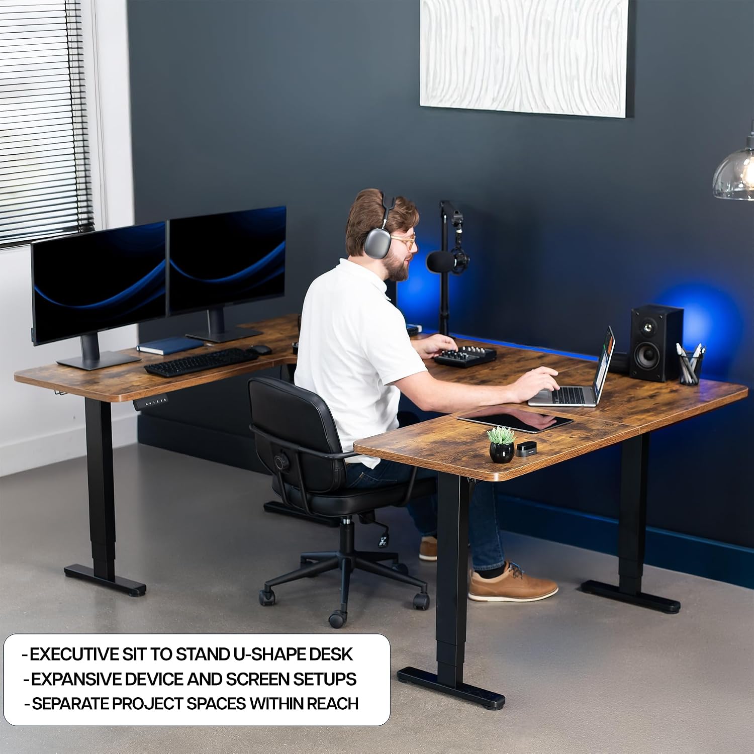 VIVO Large U-Shaped 83 x 60 in Electric Standing Desk, Memory Height Adjustment, Rustic Vintage Brown Top Black Frame, DESK-E4UBN