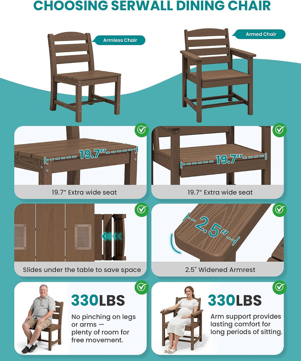 SERWALL Patio Dining Chair, All Weather Dining Chair Set of 2, Outdoor Dining Chair with Widened Seat, Brown