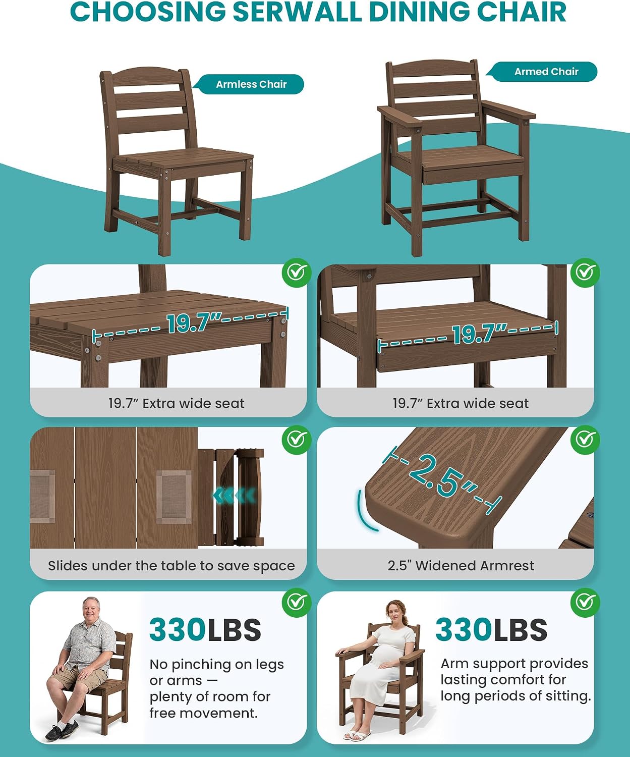 SERWALL Patio Dining Chair, All Weather Dining Chair Set of 2, Outdoor Dining Chair with Widened Seat, Brown