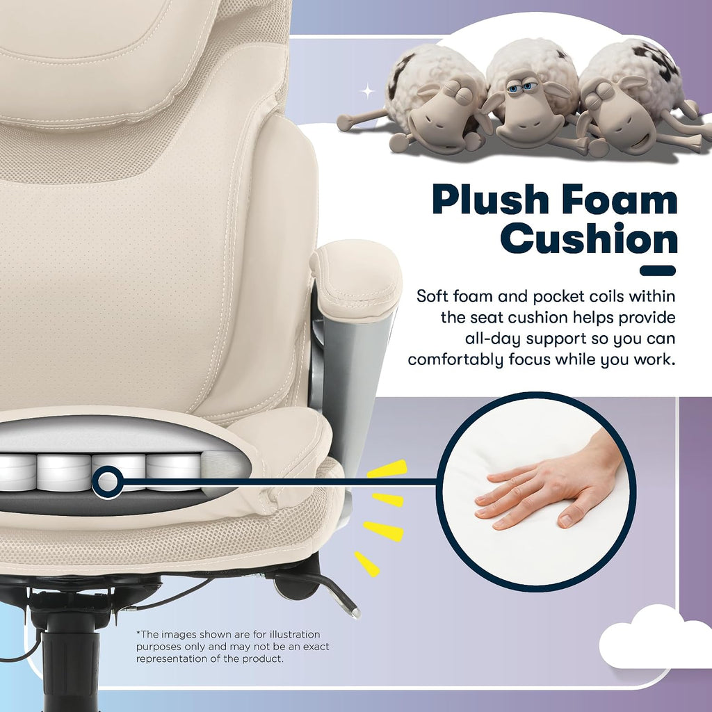 Serta Bryce Executive Office Chair - Ergonomic Computer DeskChair with Lumbar Technology - Adjustable Height - Memory Foam Body Pillows - 360° Swivel Rolling Base - Bonded Leather - Cream