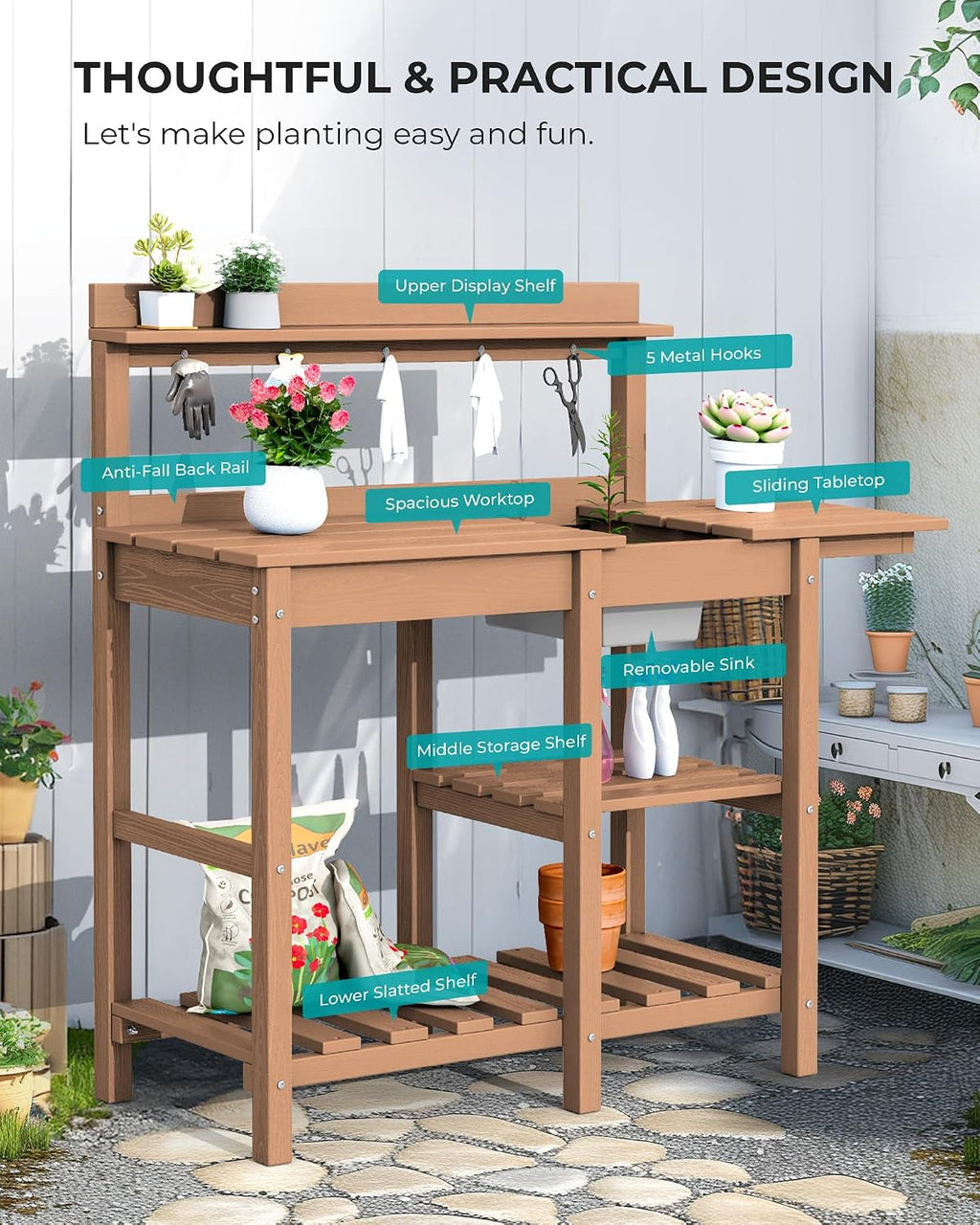 SERWALL Outdoor Potting Bench with Removeable Sink,Rot-Resistant HDPE Potting Table for Outside Gardening, All Weather Use - Brown