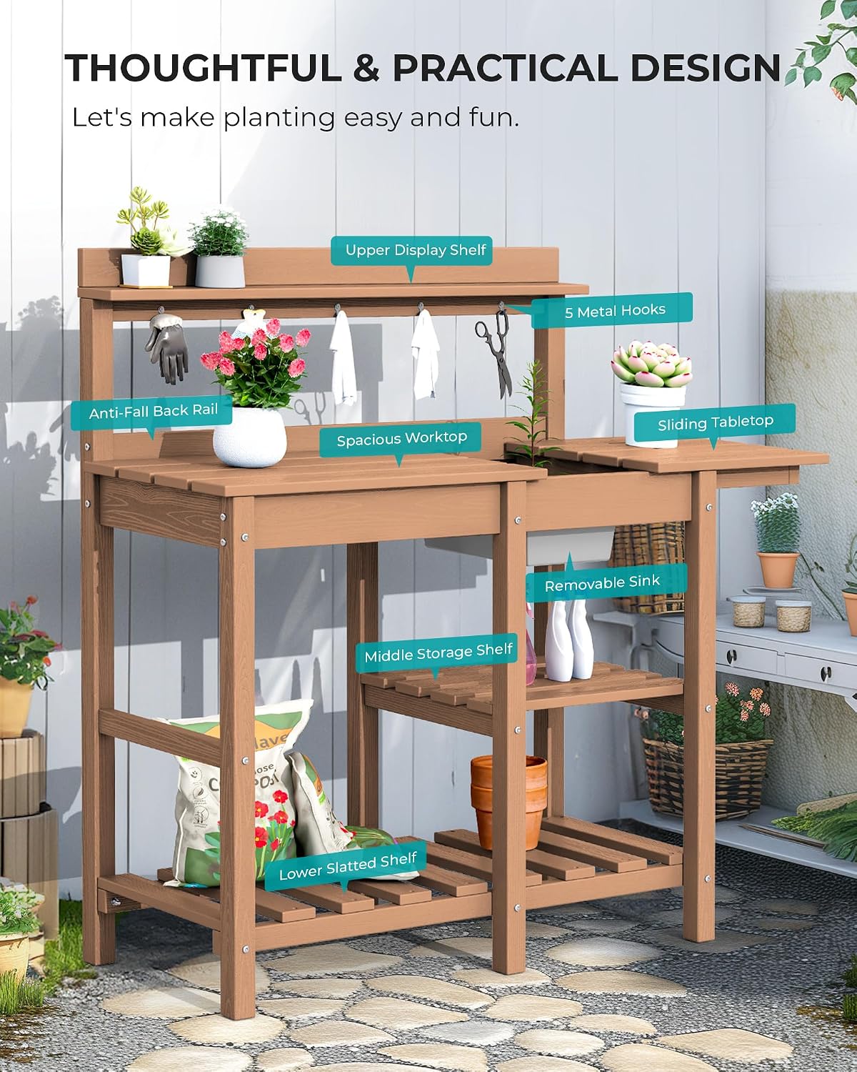SERWALL Outdoor Potting Bench with Removeable Sink,Rot-Resistant HDPE Potting Table for Outside Gardening, All Weather Use - Brown