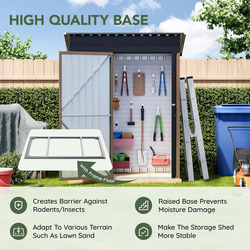 3x5 FT Outdoor Metal Storage Shed with Floor Frame, Single Door, 1 Clear Window, Tool Shed for Garden, Patio, Backyard Brown