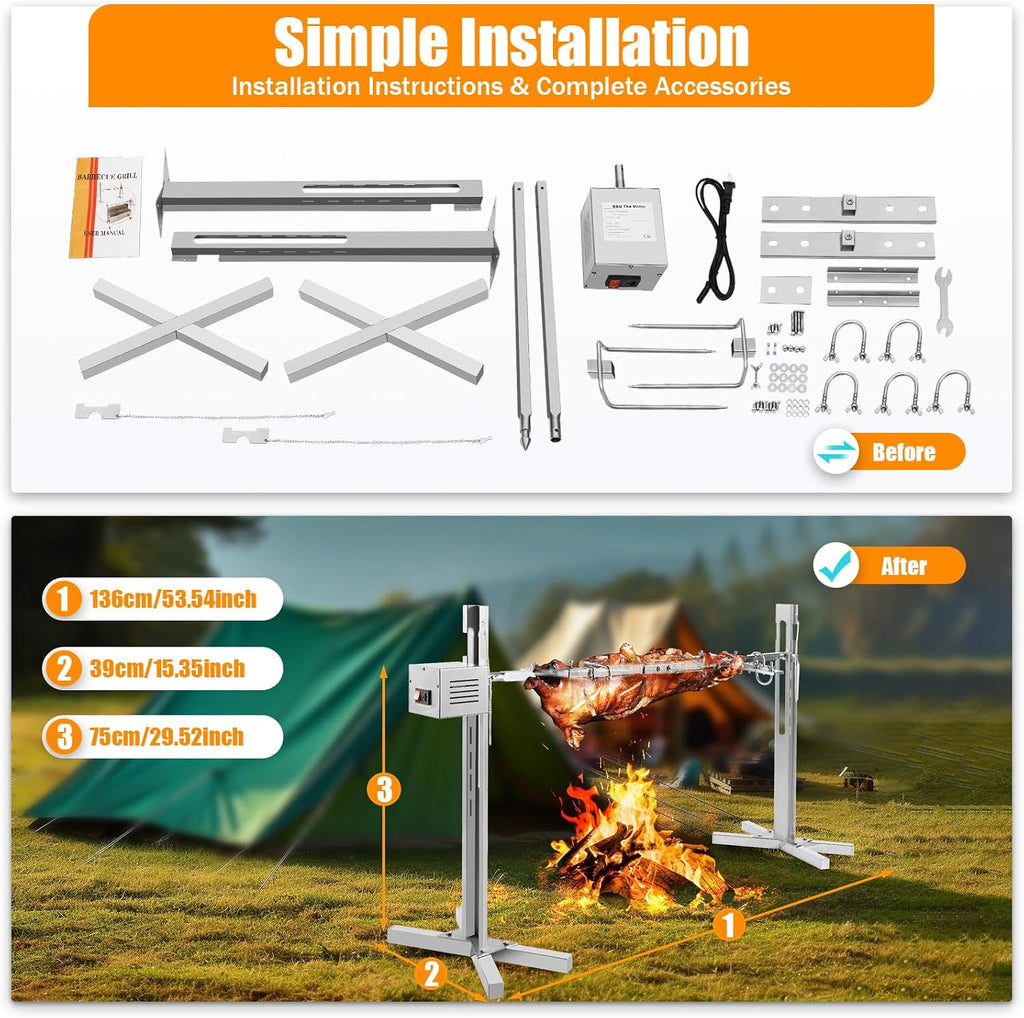 51' Electric Automatic Rotisserie Grill Kit Large Rotisserie Spit Roaster Grill Rod 15W Electric Rotisserie Kit BBQ Grill Kit Heavy Duty for Pig Rotisserie Hog Lamb