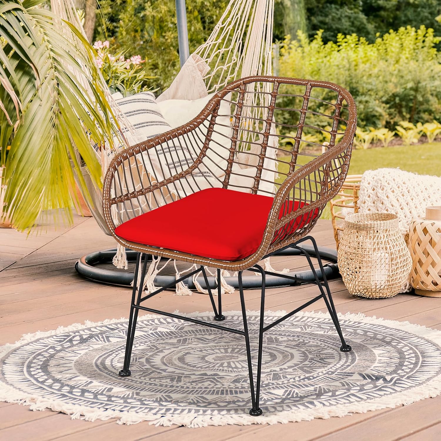 COSTWAY 3 Pieces Patio Bistro Set, Outdoor Rattan Conversation Seating Chair Set with Coffee Table & Soft Cushions, Indoor Wicker Furniture Set for Garden, Balcony, Porch, Pool, Red