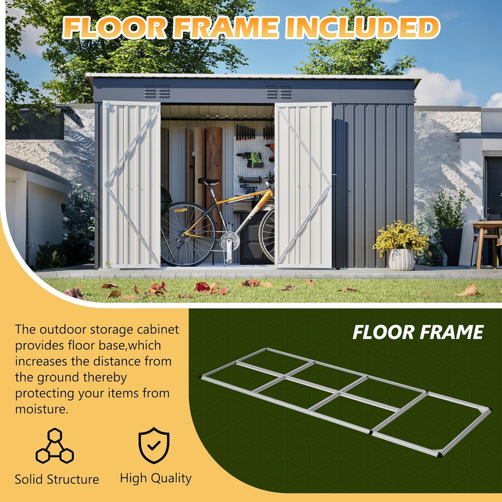 YOPTO 4x10 FT Outdoor Storage Shed with Floor,Metal Shed W/Log Store,Garden Tool Storage House W/Lockable Door & Sloped Roof,for Backyard,Patio,Lawn,Gray