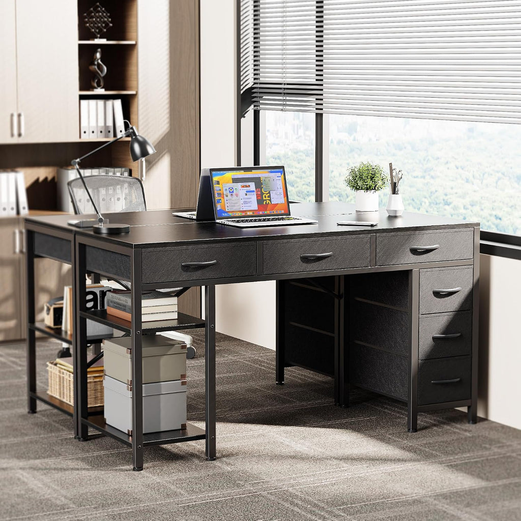 Huuger Computer Desk with 6 Drawers, Office Desk with Shelves, Reversible Gaming Desk, Corner Desk with Storage, Work for Home Office, Study, Living Room, 47inch, Black