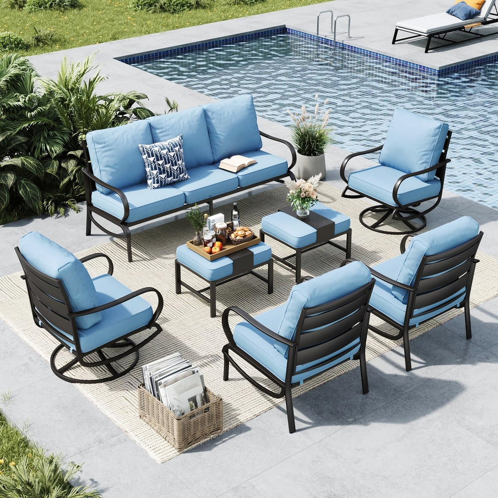 MFSTUDIO 7 Pieces Metal Patio Furniture Sets, 2 Swivel Chairs, 3-Seat Deep Seating Sofa, 2 Single Couch and 2 Ottoman, All Weather 9 Seats Outdoor Conversation Set for Garden Backyard, Blue Cushion