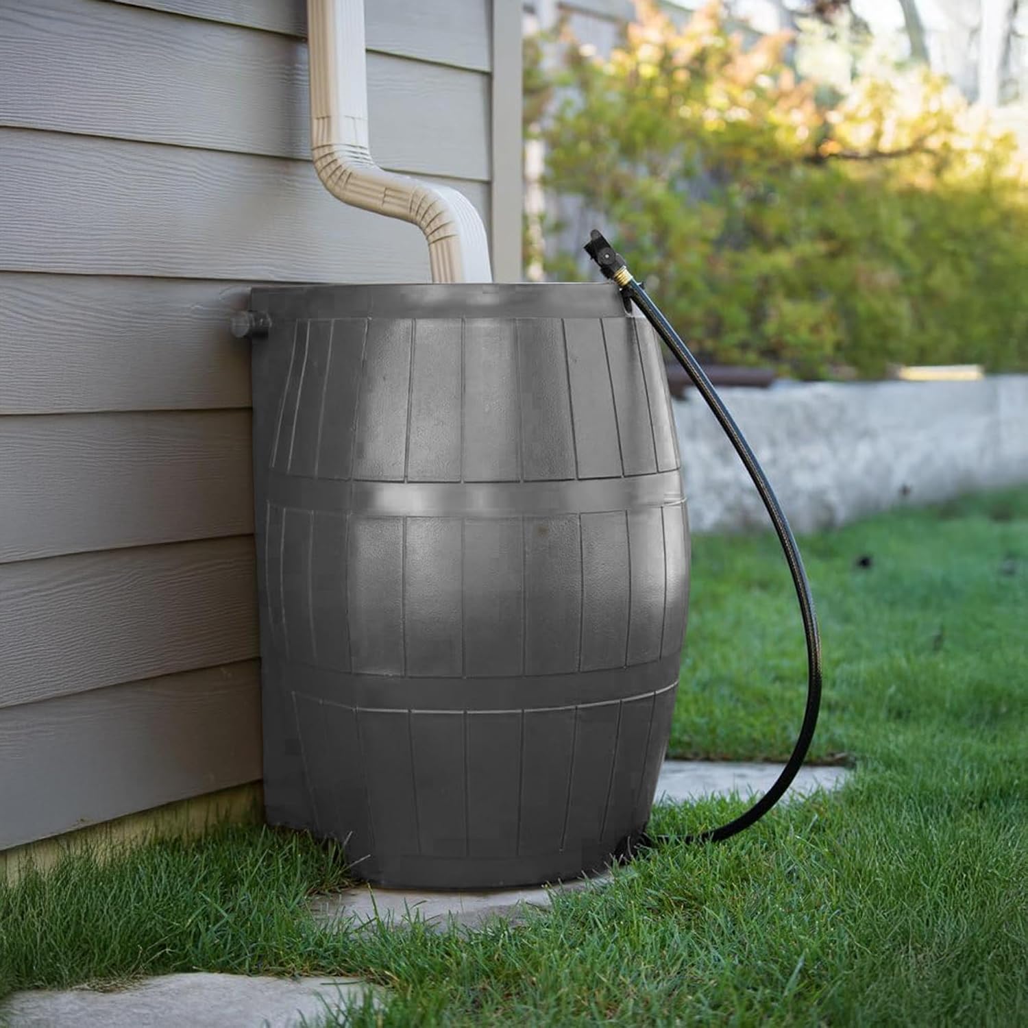 FCMP Outdoor Raincatcher 4000 Rain Barrel, Flat-Back Rainwater Catcher with Spigots, 50 Gallon, Grey - Portable Water Storage Container Tank for Home, Garden, and Backyard