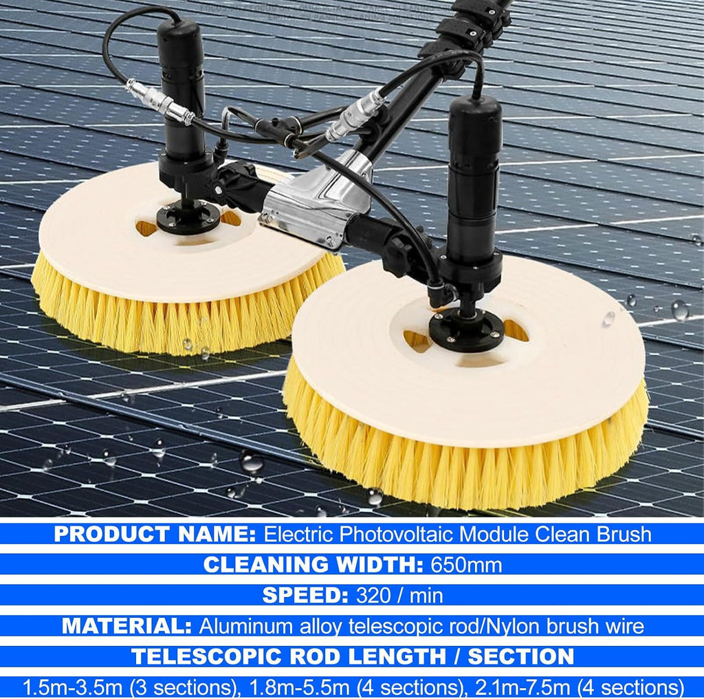 Solar Panel Electric Cleaning Tool, House Water Fed Pole Kit,Photovoltaic Panel Electric Cleaning Brush,Dual Brush Heads - 360° Counter-Rotating,with Water Pump + 20m Water Hose,3.5m