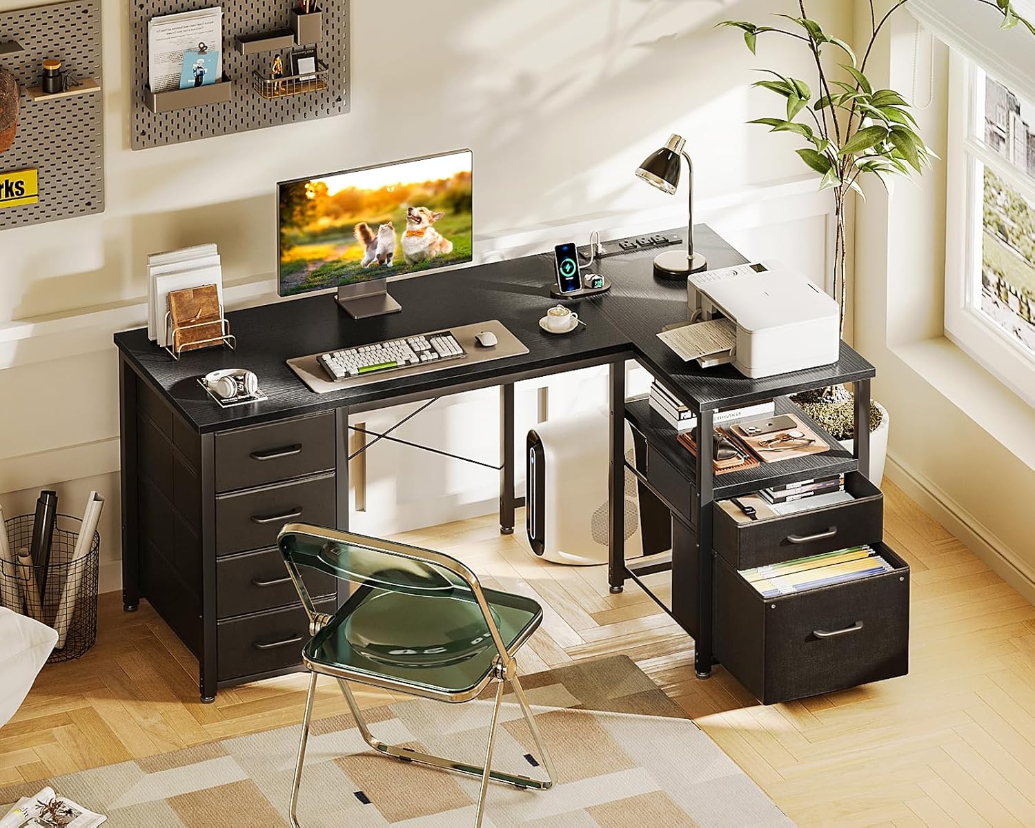 Coleshome L Shaped Computer Desk with 6 Drawers & Power Outlet, 55 Inch Corner Desk with Reversible Storage Shelf & File Drawer, Home Office Desk, Black
