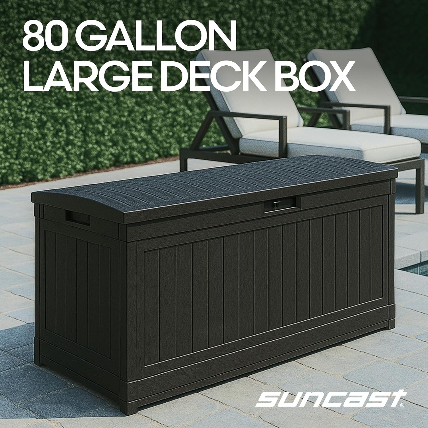 Suncast 80-Gal. Resin Large Outdoor Patio Deck Box with Pad-Lockable Lid, Modern Outdoor Patio Bench/Storage Box for Cushions, Garden Tools, and More, Iron Ore