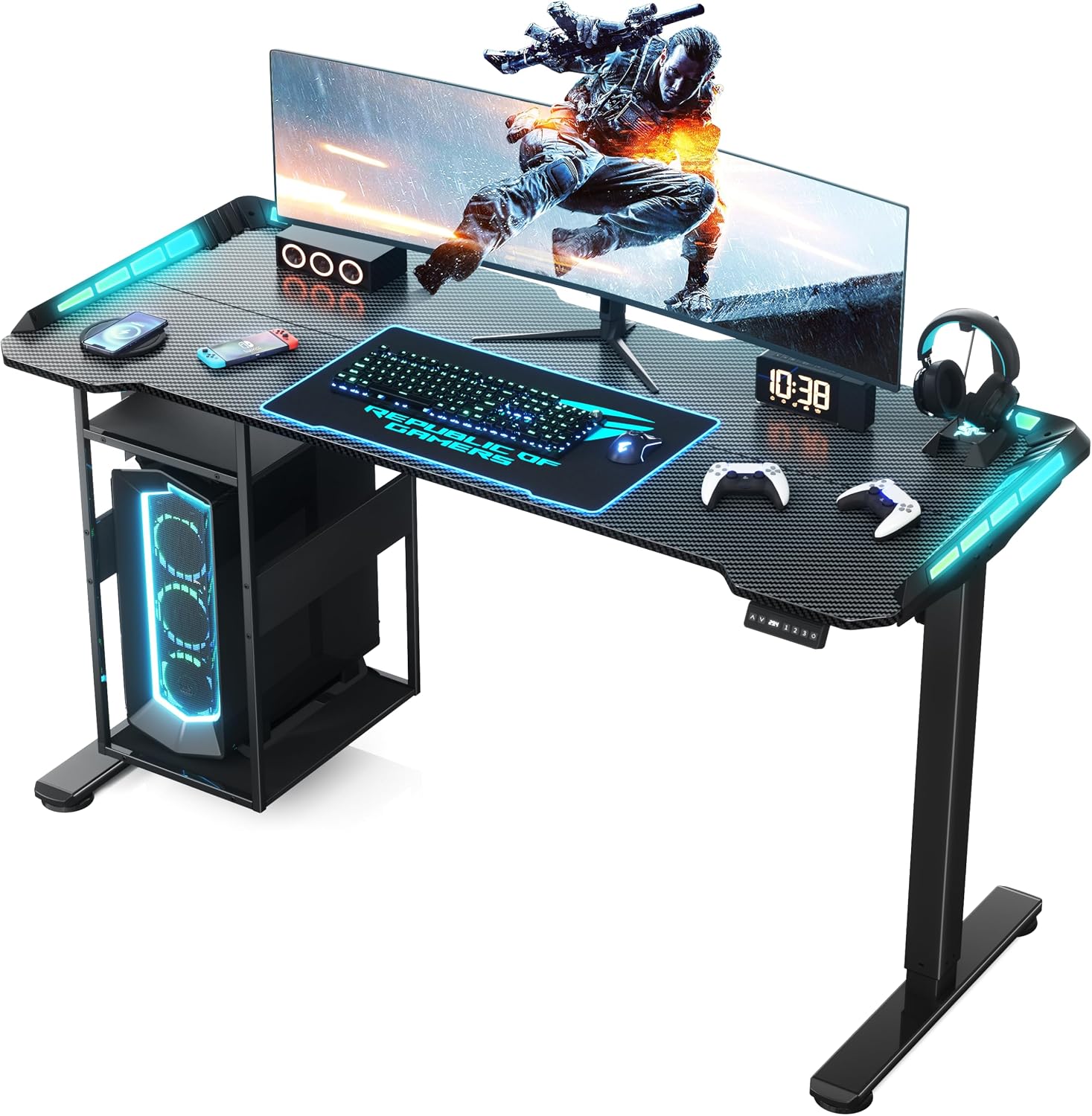 Electric Gaming Desk with LED Lights & Host Shelf, 55' x 24' Gaming Standing Table with Music Sensing APP Control, Underdesk Cable Storage Stand Up Table, Black Carbon Fiber PC Desk for Home Office