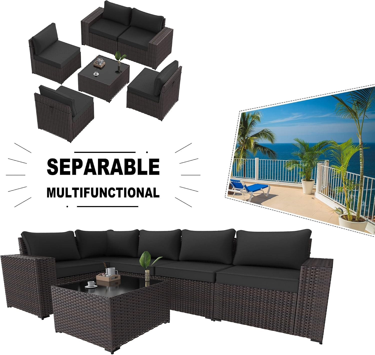Kullavik Outdoor Patio Furniture Set 6 Pieces Sectional Rattan Sofa Set Brown PE Rattan Wicker Patio Conversation Set with 5 Seat Cushions and 1 Tempered Glass Table,Black