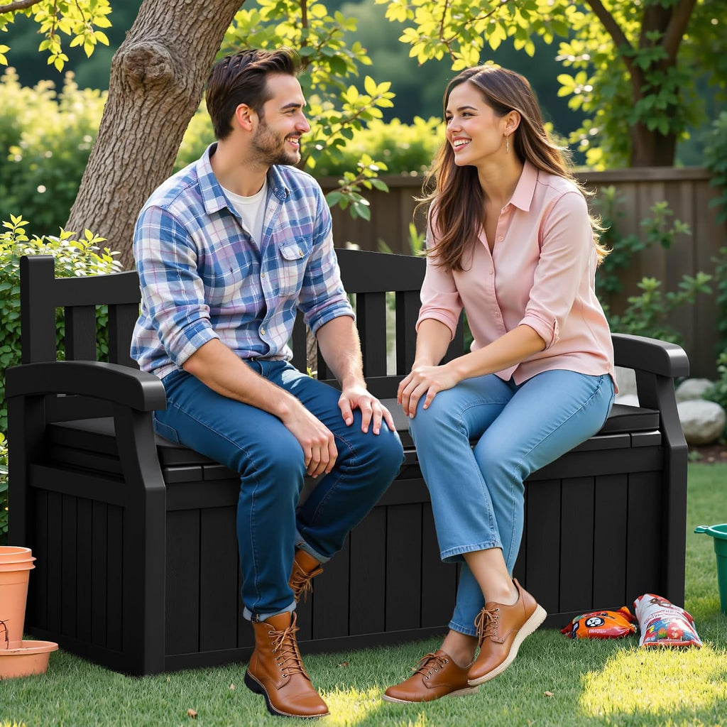 Flamaker 80 Gallon Storage Bench with Cushions Outdoor Indoor, Durable All-Weather Seating with Hidden Storage, Lockable Deck Box for Garden, Patio, Poolside (Black)