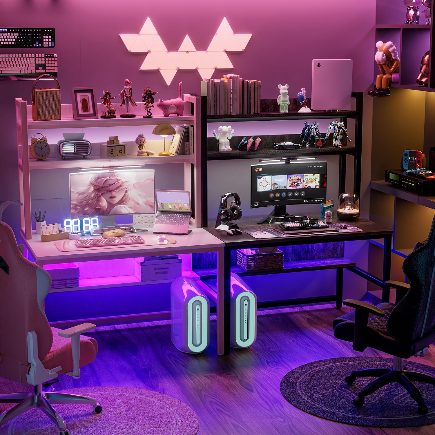 Aquzee Pink Girls Desk with Hutch, 55in Computer Desk with Bookshelf for Teens Adults, Craft Table for Bedroom Kids Room, White Pink Study Table with Shelves for Storage