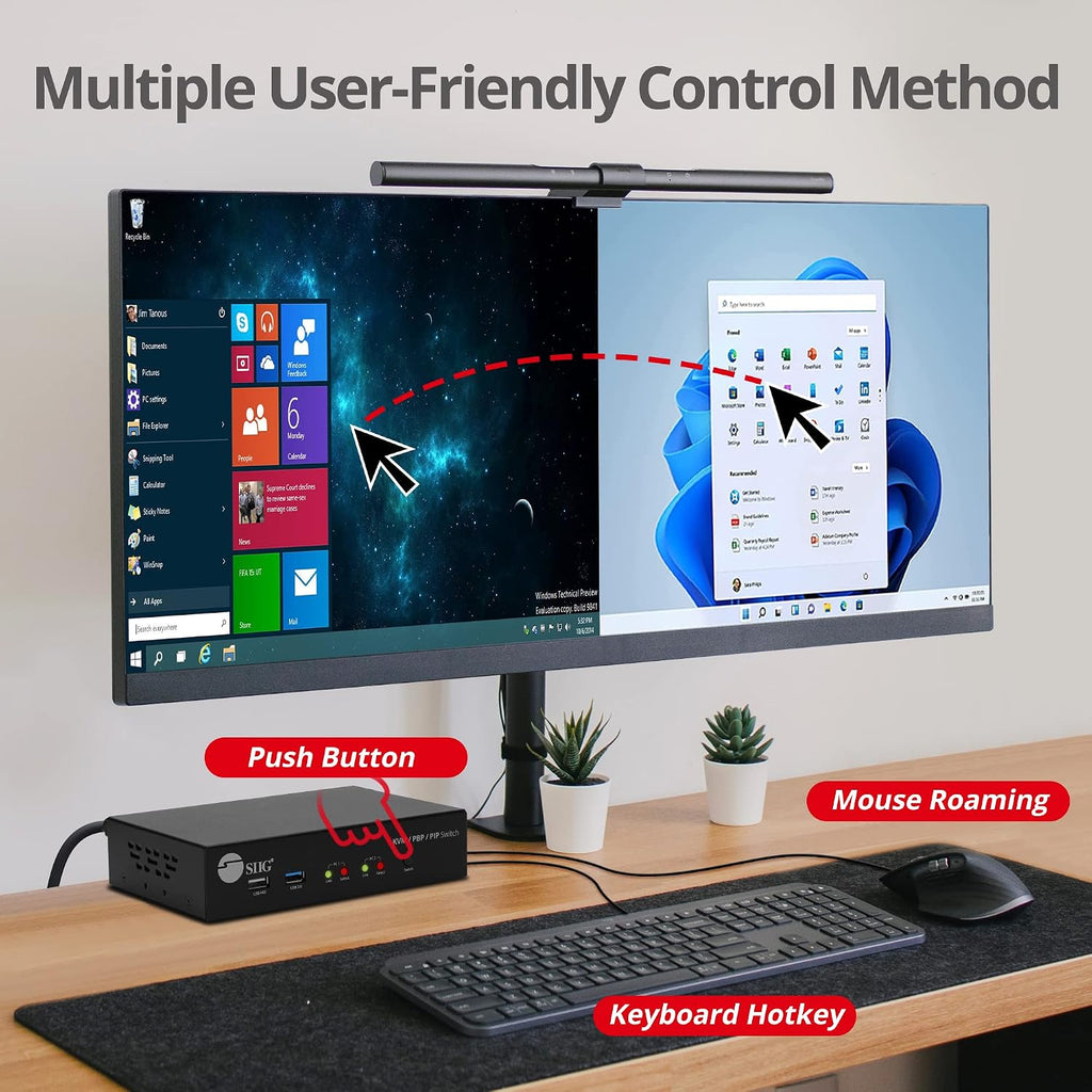 SIIG 2-Port 4K KVM Switch HDMI with Picture-by-Picture (PbP) Mouse Cursor Roaming and Picture-in-Picture (PiP) Image for 2 Computers, Support Windows and Linux, TAA Compliant (CE-KV0G11-S1)