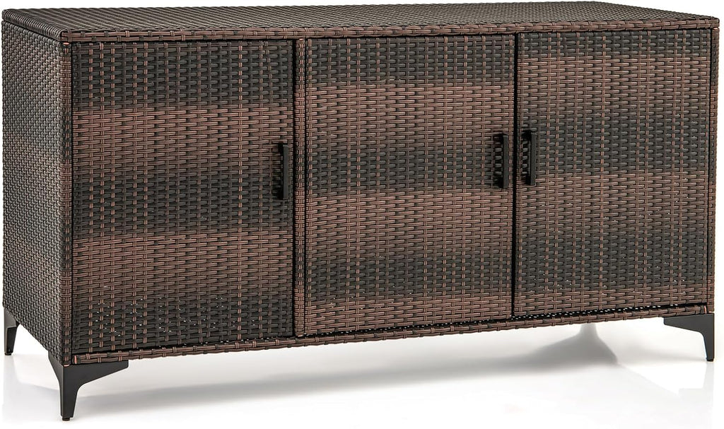 Giantex 84-Gallon Wicker Deck Box - Patio Storage Cabinet, 3-Door PE Rattan Storage Container with Removable Shelves, Indoor & Outdoor Package Box for Porch, Patio Furniture Cushions Tools (Brown)
