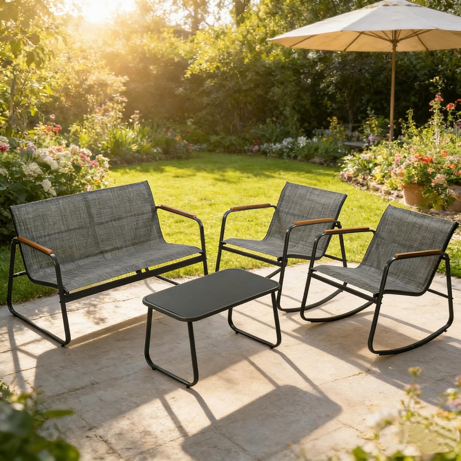Kozyard 4-Piece Outdoor Patio Furniture Set with Textilene Chairs, Metal Conversation Set, Tempered Glass Coffee Table, Powder-Coated Steel Frame for Garden, Poolside, Backyard Gray