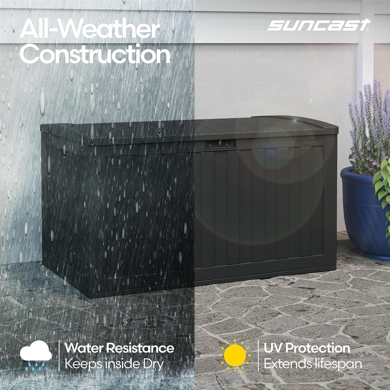 Suncast 134-Gal. Resin Extra-Large Outdoor Patio Deck Box with Pad-Lockable Lid, Modern Outdoor Patio Bench/Storage Box for Cushions, Garden Tools, and More, Iron Ore