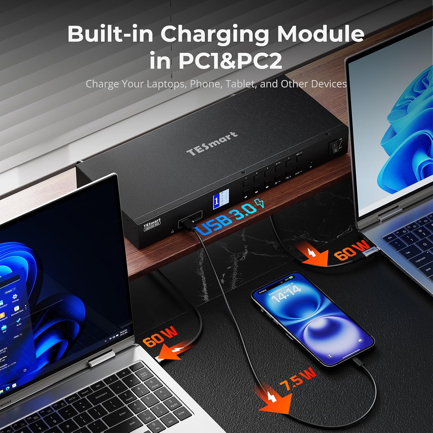TESmart USB 3.0 HDMI+DP+USB C KVM Switch 3 Monitors 4 Computers 4K@60Hz, 4 Port Triple Monitor KVM Switch MST, 60W PD for Laptop, 1G Ethernet, EDID Emulators, Hotkey Switch, Rack-Ears