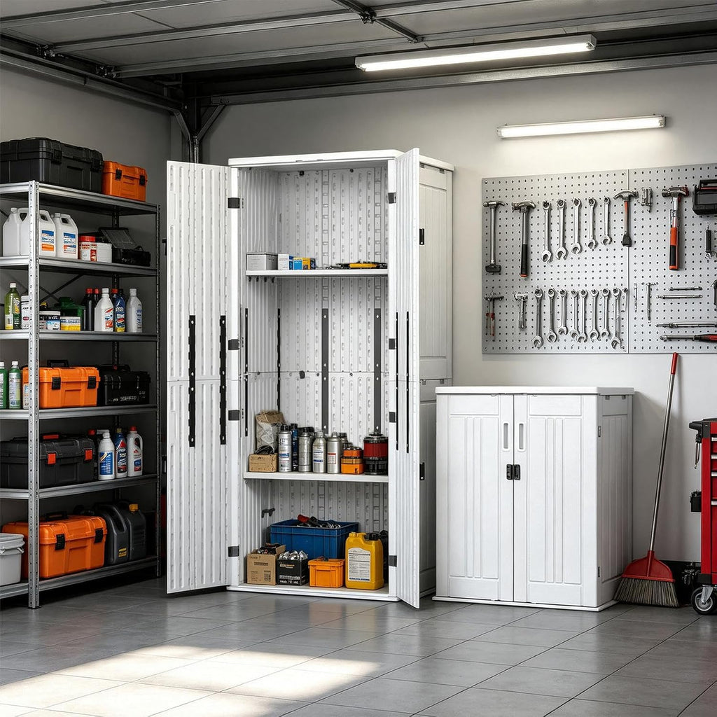ZYJOYY Outdoor Storage Cabinet with 4 Shelves, 31.5' x 23.23' x 66.22' White Waterproof Resin Vertical Tool Shed, Lockable 30 cu.ft. Storage Shed for Patio, Garden, Yard