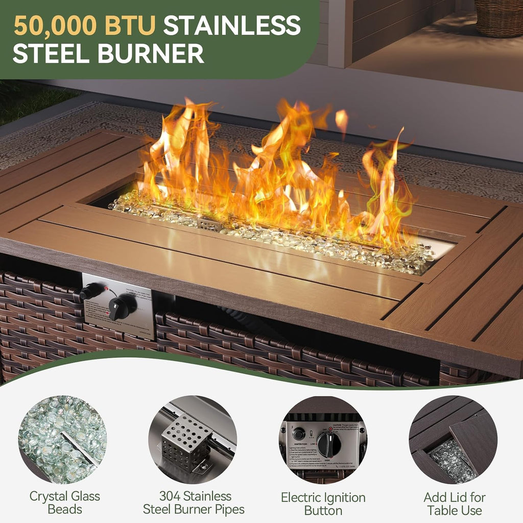 Aoxun Outdoor Patio Furniture Set with 44'' Fire Pit Table, 7 Pcs Outdoor Patio Furniture Sets with 4in Thicken Cushion, Widen Armrests Wicker Outdoor Sectional for Backyard & Garden, Beige