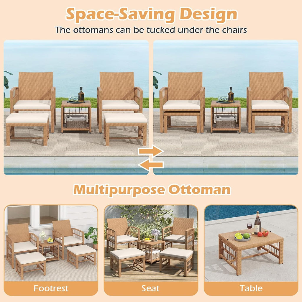 Tangkula 5 Pieces Patio Wicker Conversation Set, Outdoor Furniture Set with 2 Armchairs, 2 Ottomans & 2-Tier Side Table, Outside Rattan Cushioned Sofa Set for Deck, Backyard, Porch or Poolside