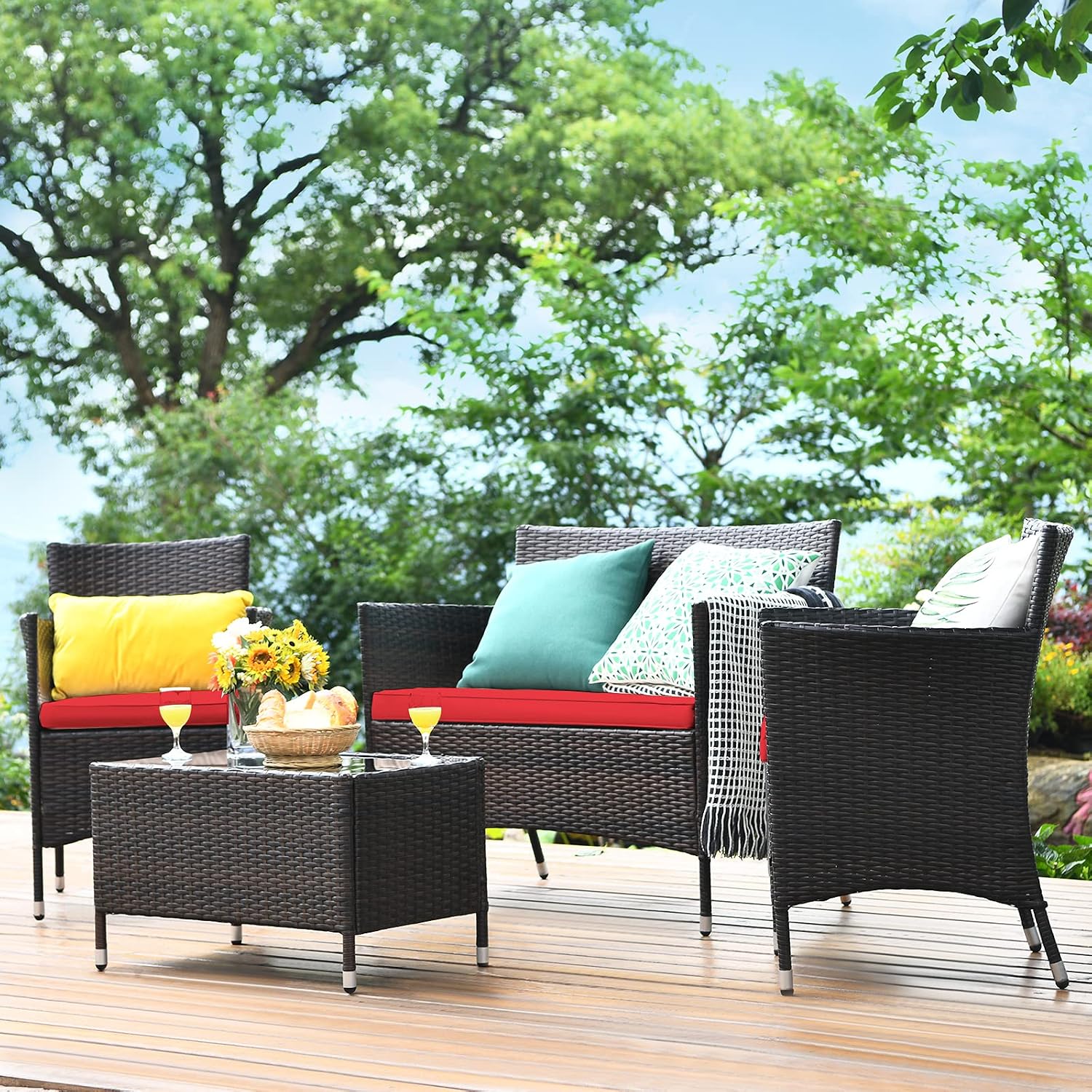 COSTWAY 8PCS Rattan Patio Furniture Set, Outdoor Wicker Rattan Chairs with Coffee Table, Rattan Cushioned Conversation Set for Backyard Balcony Porch Poolside, Red