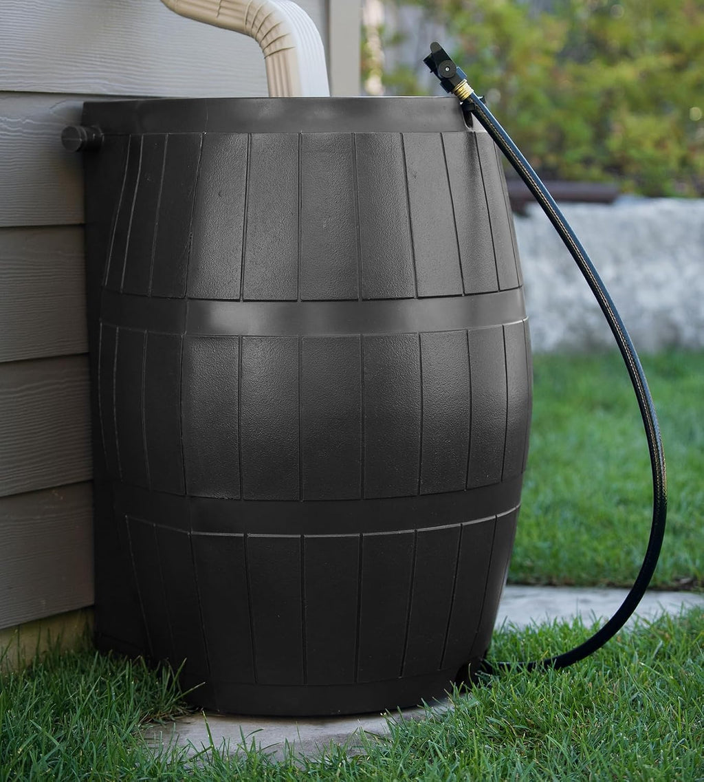FCMP Outdoor Raincatcher 4000 Rain Barrel, Flat-Back Rainwater Catcher with Spigots, 50 Gallon, Black - Portable Water Storage Container Tank for Home, Garden, and Backyard
