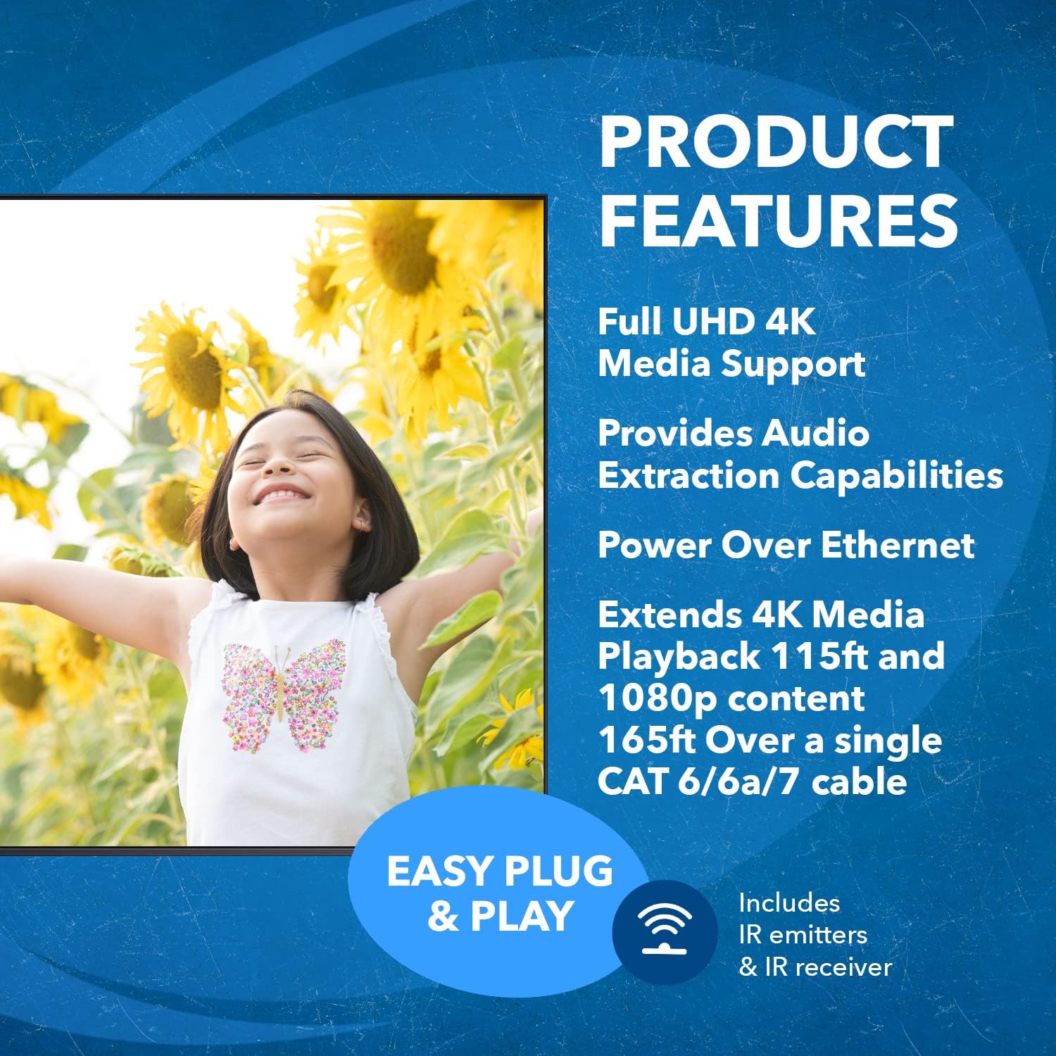 OREI 4K 1x8 HDMI Extender Splitter, Multiple Over Single Cable CAT6/7 4K@60Hz 4:4:4 HDCP 2.2 with IR Remote EDID Management - Up to 115 Ft - Loop Out - Low Latency - Full Support