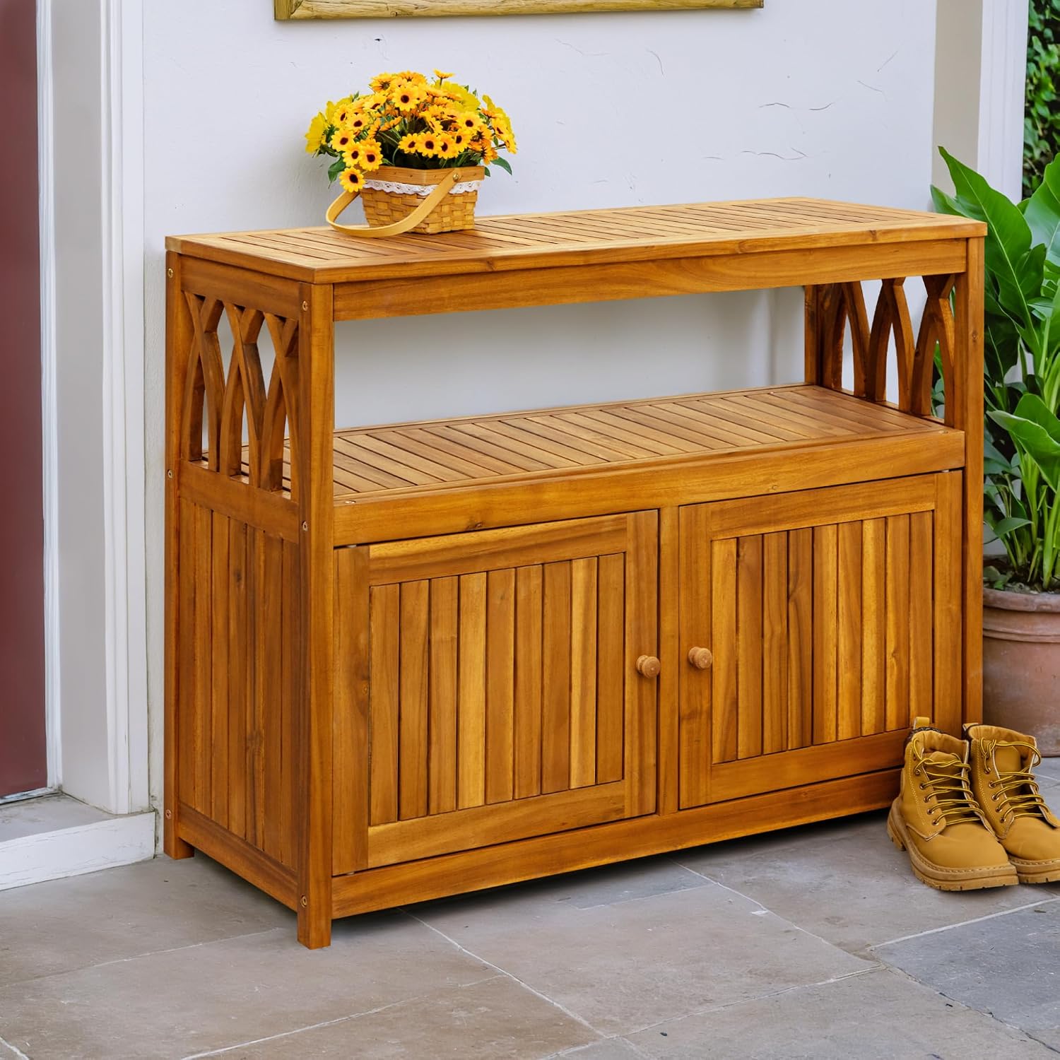 Greesum 2-Tier Outdoor Storage Cabinet in Acacia Wood, with 2 Magnetic Doors, for Garden, Picnic, Buffet, TV Stand, or Bar Table, Light Brown